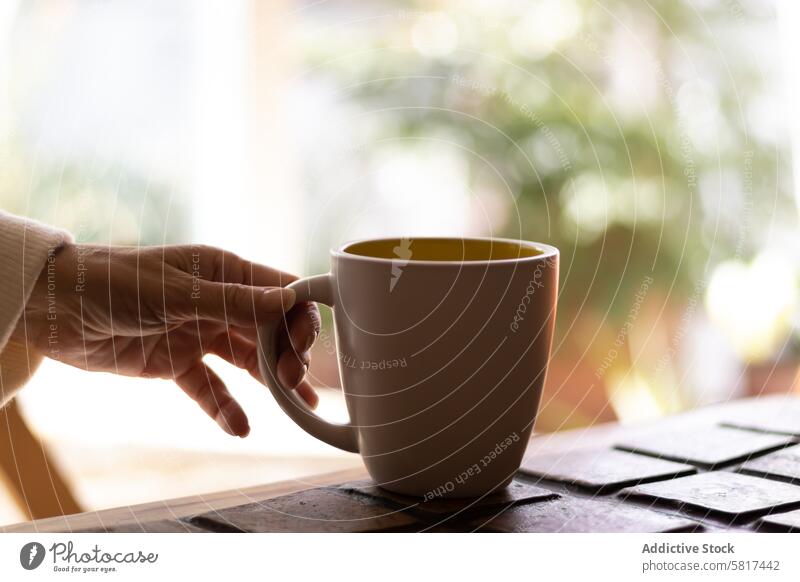 Die Hand einer reifen Frau hält eine Tasse Kaffee. trinken melken Frühstück Getränk eingießen weiß Café Nahaufnahme Latte Espresso frisch heiß Cappuccino