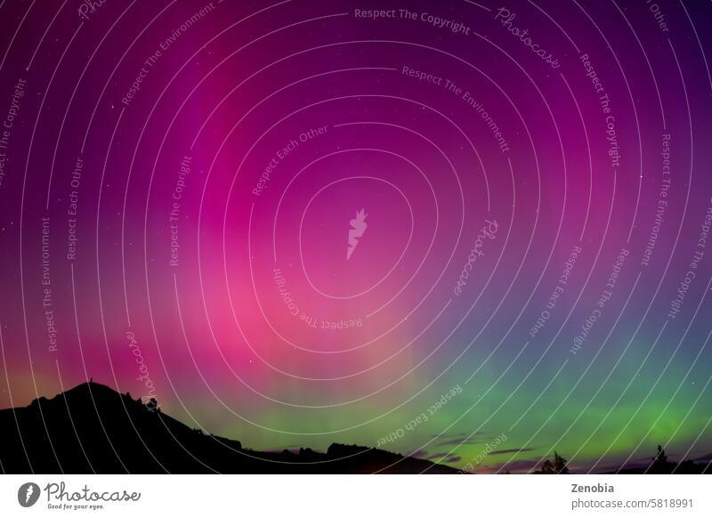 Rosa und grüne Aurora Australis über dem Berg Puketapu in Palmerston, Otago. Palmerston befindet sich auf der Südinsel Neuseelands, wo die Südlichter zu sehen sind.