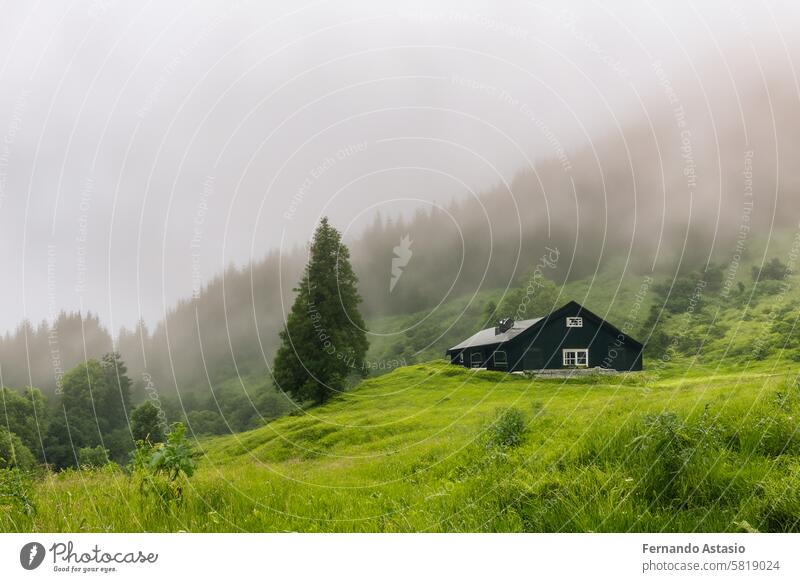 Einsames Haus in den Bergen, schönes typisch nordeuropäisches Haus in einer üppigen, grünen Landschaft mit Nebel. Schöne Sommerlandschaft mit grünen Wiesen und Haus in den Bergen.