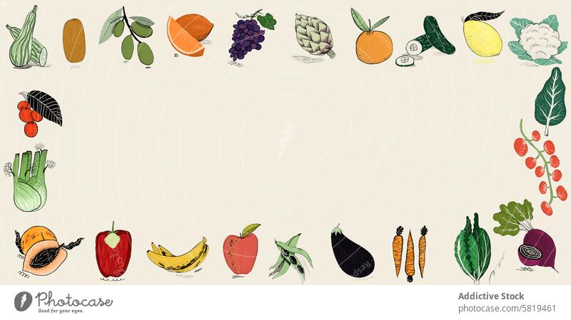 Farbenfrohe Illustrationen von verschiedenen Früchten und Gemüsesorten Grafik u. Illustration Frucht Kunst Gesundheit Lebensmittel organisch Markt kulinarisch