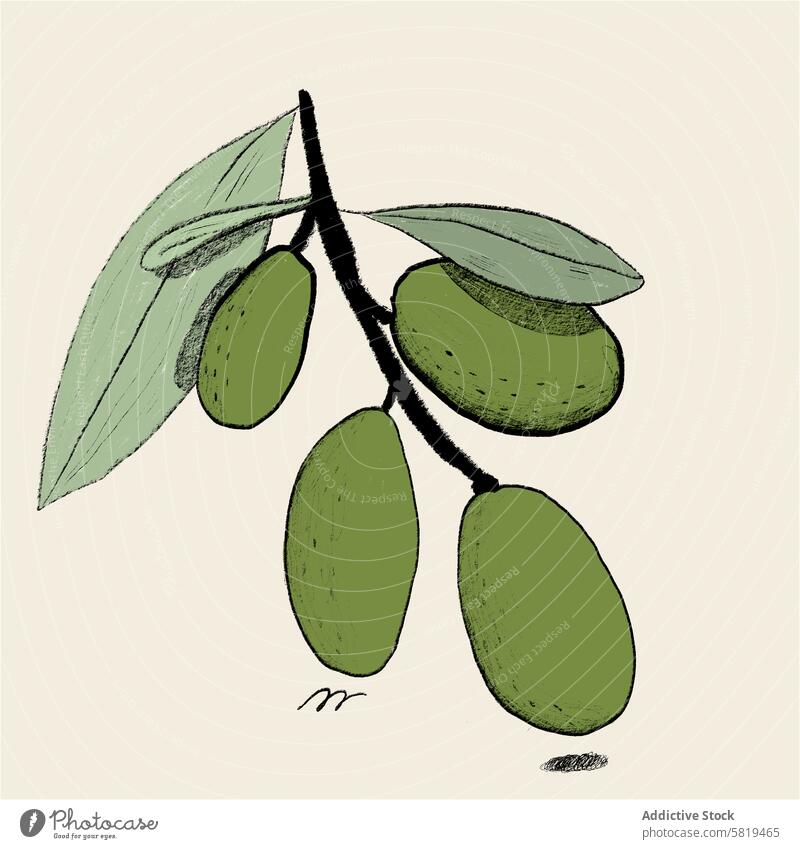 Olivenzweig mit grünen Oliven und Blättern Grafik u. Illustration oliv Ast Blatt handgezeichnet Textur minimalistisch künstlerisch Frucht Laubwerk Natur