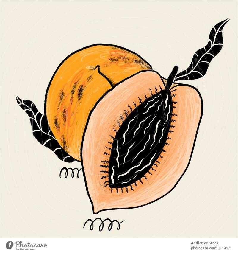 Papaya-Illustration mit künstlerischem Flair Grafik u. Illustration Frucht Kunst reif Samen schwarz geschnitten offen handgezeichnet kreativ Zeichnung Design