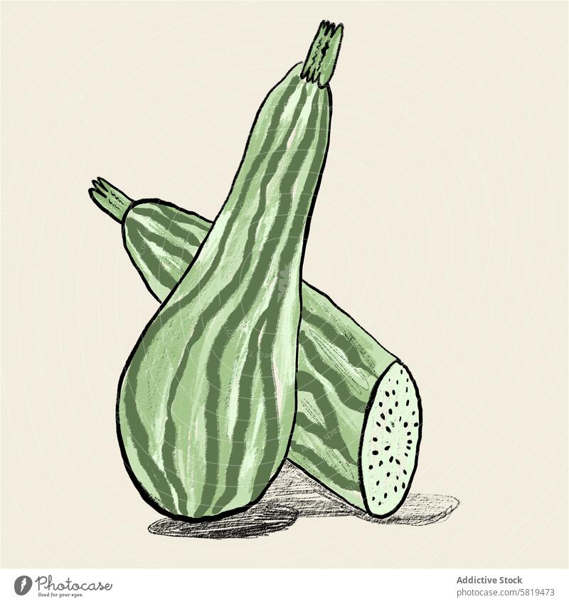 Illustration von Zucchinis auf beigem Hintergrund Grafik u. Illustration Gemüse handgezeichnet digital Zeichnung Textur aufgeschnitten ganz neutral Lebensmittel