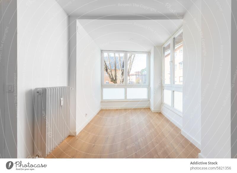 Helle und geräumige leere Wohnung innen Appartement Innenbereich Raum hell Fenster hölzern Stock weiß Wand Grundbesitz Fotografie heimwärts Anwesen wohnbedingt