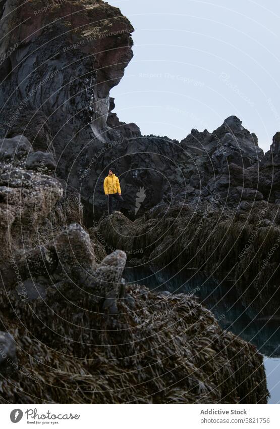 Mann in gelber Jacke erkundet felsiges isländisches Terrain Island Entdecker gelbe Jacke Steine Klippen Seegras Küstenlinie natürliche Schönheit Isolation