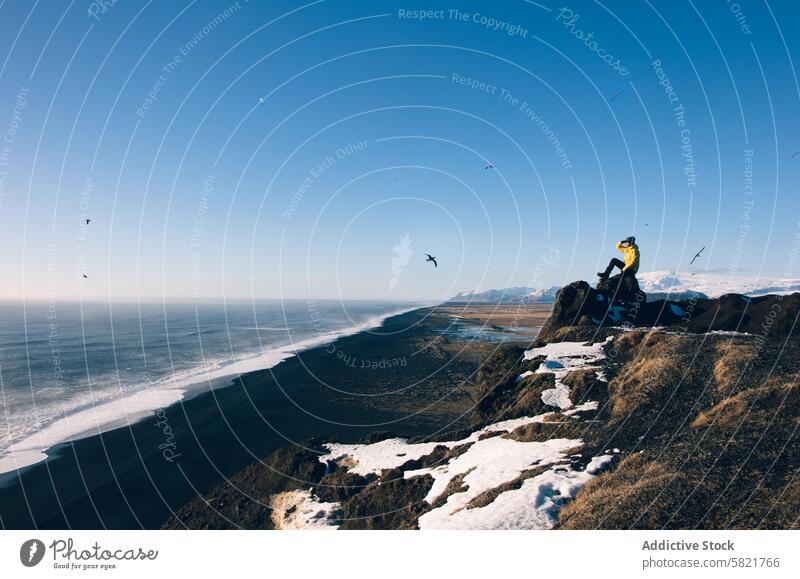 Abenteurer mit Blick über die verschneite isländische Küste Island felsig Seevogel Blauer Himmel Erkundung Freiheit natürlich Landschaft im Freien Winter MEER