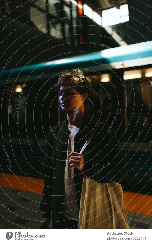 Junger Mann wartet in einer schwach beleuchteten U-Bahn-Station Zug Tasche Leinwand jung Stimmung Licht Schatten Warten vorbei Hintergrund Verkehr urban
