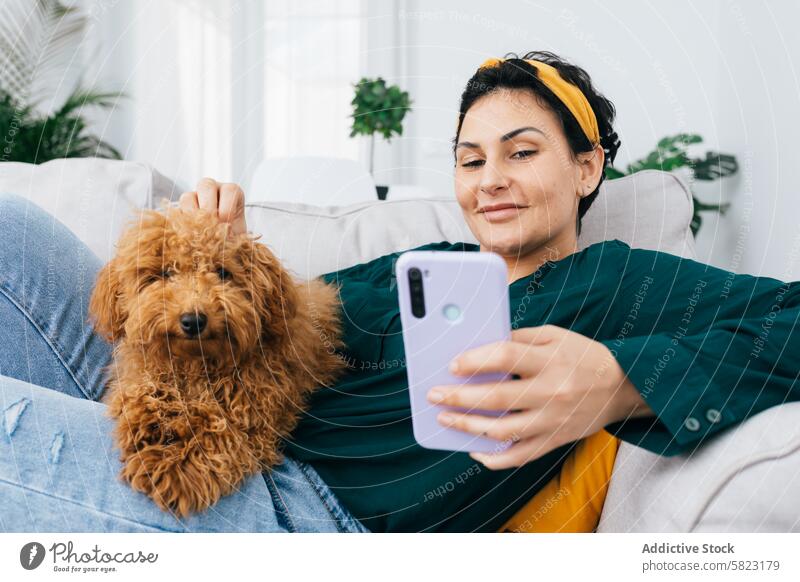 Frau entspannt sich auf dem Sofa und macht ein Selfie mit ihrem Hund Smartphone Haustier heimwärts im Innenbereich gemütlich lässig Erholung Telefon Tier