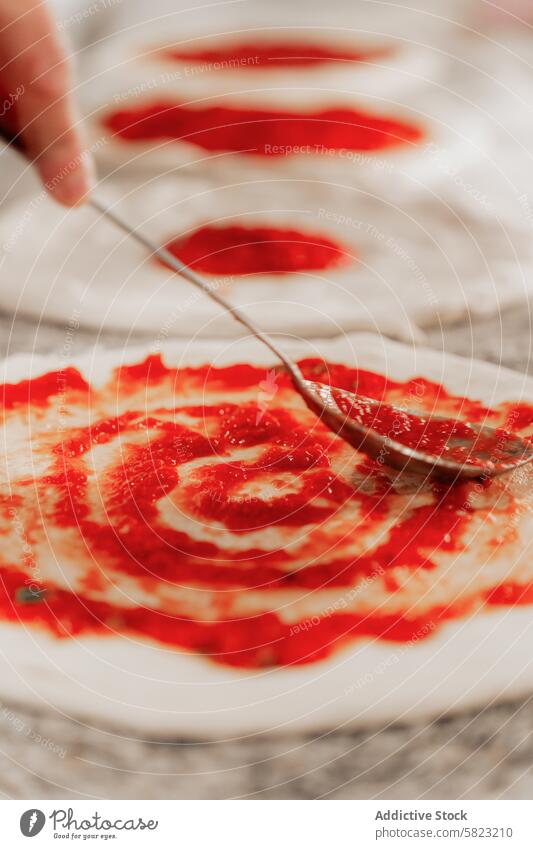 Anonymer Koch bei der Zubereitung von Pizza in einer Pizzeria Küchenchef Tomatensauce schöpfen Teigwaren Vorbereitung Essen zubereiten anonym Aufstrich