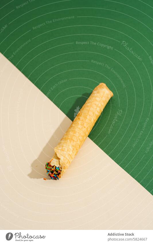 Waffelbrötchen mit bunten Streuseln auf zweifarbigem Hintergrund rollen farbenfroh diagonal Sahne grün Textur Dessert Snack Konditorei süß spielerisch