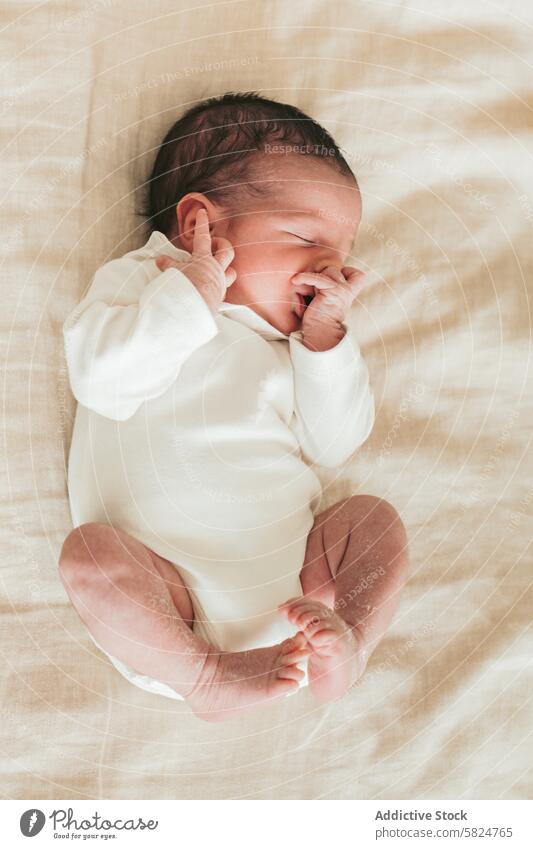 Neugeborenes Baby ruht friedlich auf einer weichen Decke neugeboren schlafen Säugling niedlich aussruhen gemütlich sanft berühren Gesicht gelockt beige