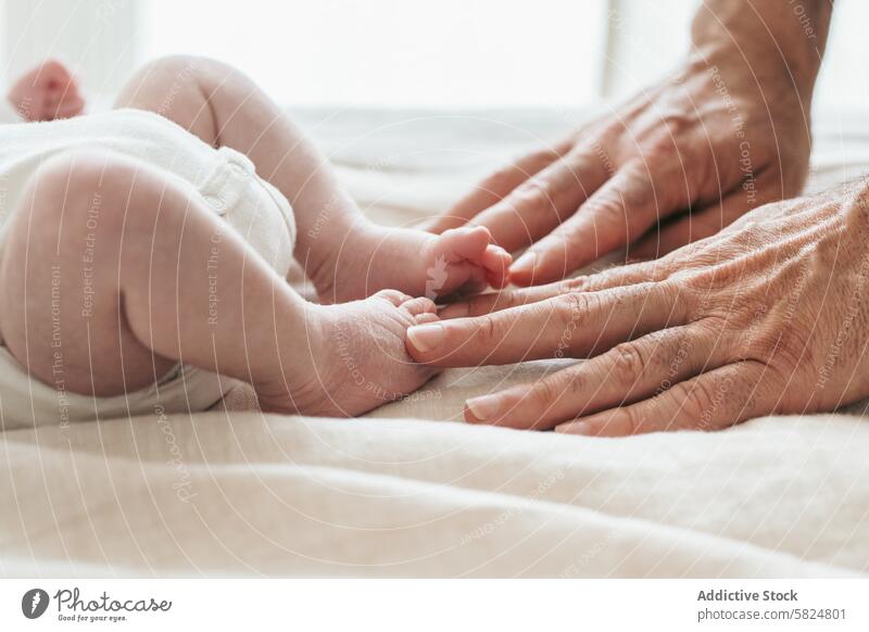 Sanfte Berührung zwischen einem Baby und den Händen eines Erwachsenen berühren Hand sanft Pflege Zuneigung Säugling Erwachsener Anschluss binden Fuß winzig Haut