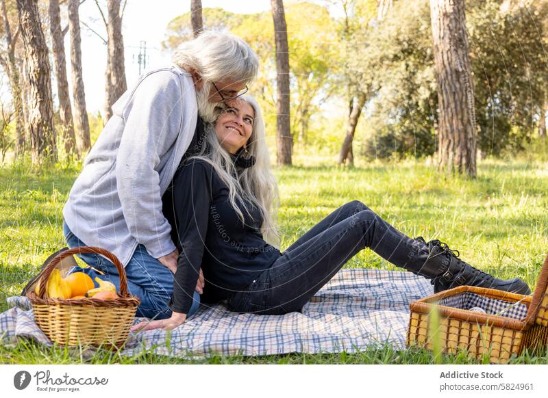 Ein älteres Paar genießt ein romantisches Picknick im Freien Senior Park Angebot Moment grasbewachsen Korb Frucht Liebe Partnerschaft Datierung Freizeit Glück