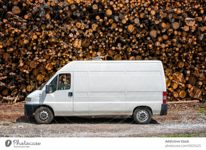 Weißer Lieferwagen vor einem Holzstapel in den Alpen geparkt Kleintransporter Totholz Ladung Verkehr Fahrzeug weiß Stapel Nutzholz Wald industriell Business