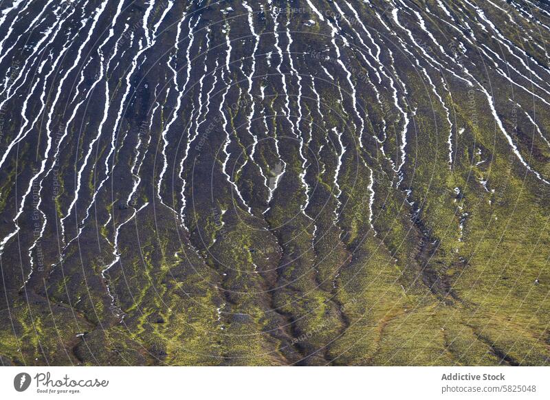 Strukturierte isländische Hochlandhänge mit Schneelinien Island Textur Luftbildansicht natürlich abstrakt Hügelseite Muster Moos grün weiß Schmelzen Berghang