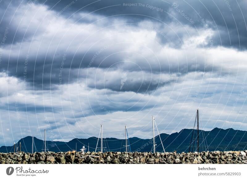 wolkengeschichten Küste Hafen Mast Segelboot Steinwall Steine Meer stille Himmel weite Ferne fantastisch Fernweh Ferien & Urlaub & Reisen Farbfoto Nordamerika