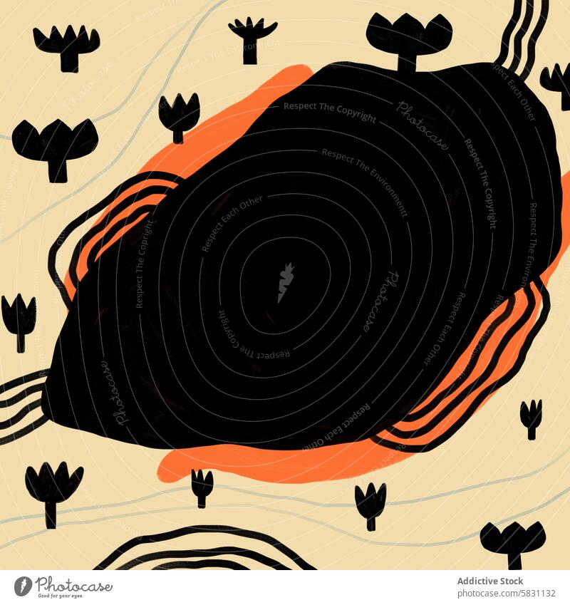 Abstraktes Kunstwerk mit kühnen Formen und erdigen Tönen abstrakt digital fett schwarz orange Glanzlicht Sahne Hintergrund organisch Bewegung Design modern