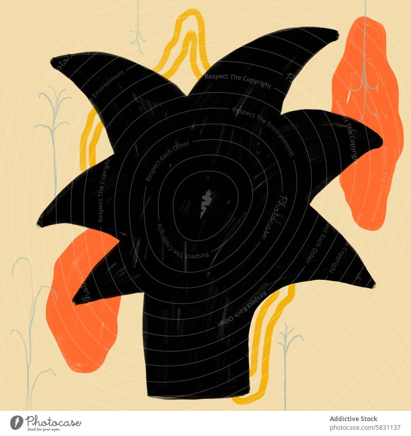 Abstrakte florale Formen auf gelbem Hintergrund abstrakt Kunst schwarz geblümt modern Kunstwerk Kontrast orange Design Minimalismus fett weich Muster kreativ