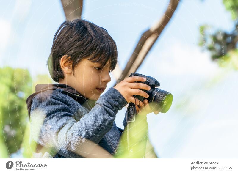 Junge, der an einem Frühlingswochenende mit der Kamera die Natur erkundet Fotokamera Fotografie im Freien Wochenende Erkundung Kind Enkelkind Abenteuer Bäume