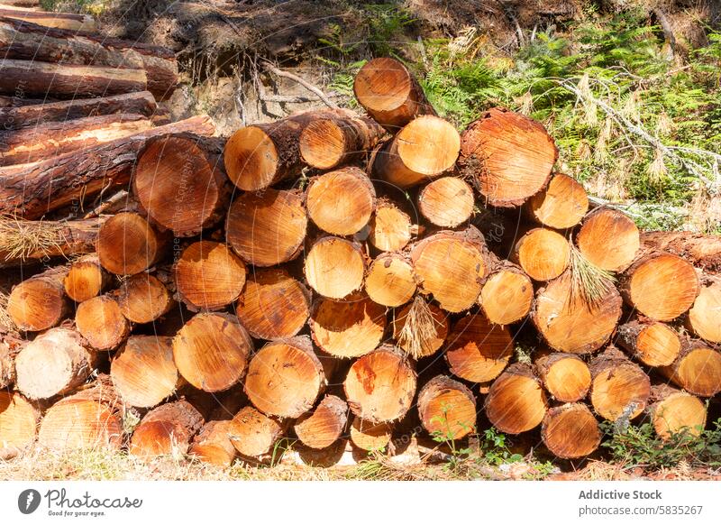 Gestapelte Holzstämme im Wald von Cuenca Kiefer Totholz Stapel geschnitten Nutzholz Forstwirtschaft Baum Industrie umgebungsbedingt Holzlager Haufen rund