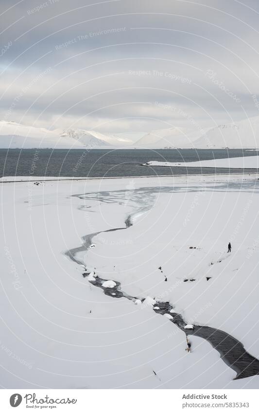 Schneebedeckte Landschaft mit einem gewundenen Fluss in Island Berge u. Gebirge Himmel Gelassenheit Winter Wasser kalt ruhig Natur Wildnis weiß grau Szene