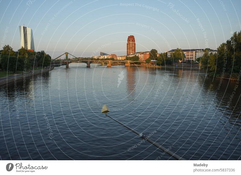 Herrliches Panorama mit Ignatz Bubis Brücke, Main Plaza und Deutschherrnufer in Sachsenhausen mit der EZB Europäische Zentralbank im Hintergrund im Licht der Abendsonne in Frankfurt am Main in Hessen