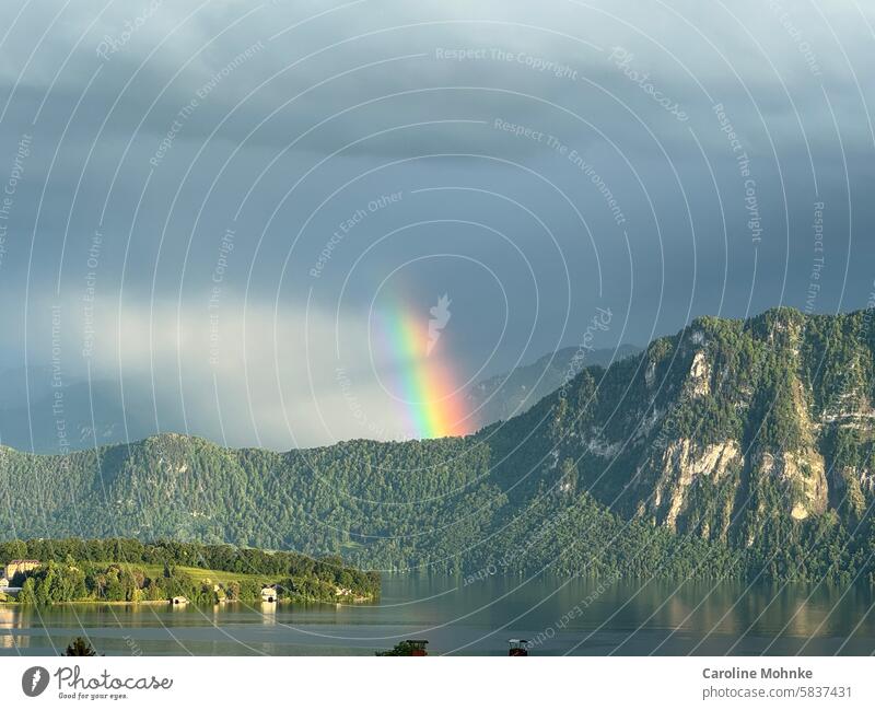 Teil eines Regenbogens über dem Vierwaldstättersee Natur Himmel Wolken Wetter Licht Landschaft Außenaufnahme Farbfoto Umwelt Menschenleer Sonnenlicht