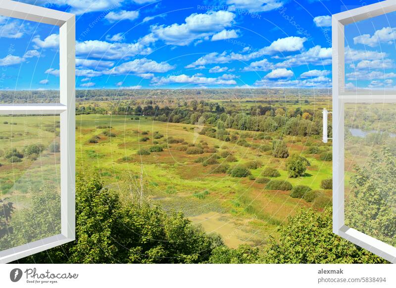 Ein offenes Fenster für den Blick von oben Air schön Moor Buchse Cloud dale Detailaufnahme Wald Rahmen frisch Glas grün Wohnen Handgriff Himmel (Jenseits)