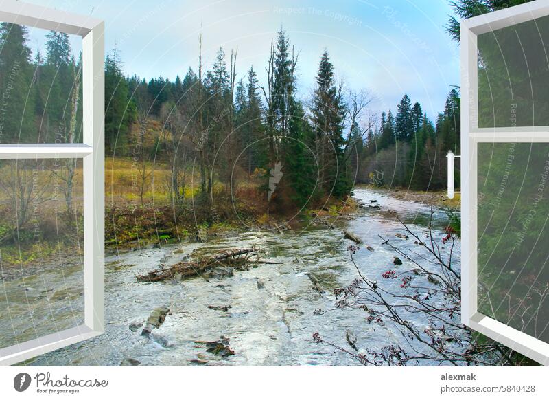 geöffnetes Fenster mit Blick auf den Fluss und die Berge Rahmen schön grün ruhen Wald Berge u. Gebirge Hügel Stein Baum Tag aufgeklappt Bäume Glanz offen Raum