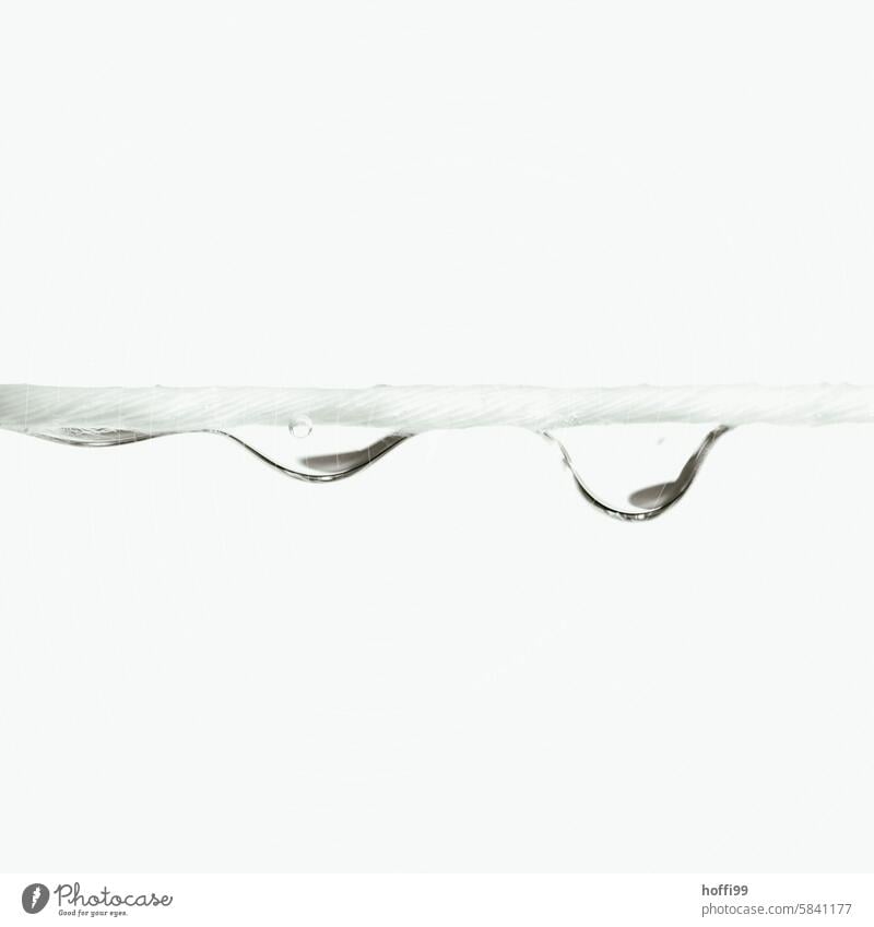 drei Tropfen an einem weißen Faden Wassertropfen Makroaufnahme Nahaufnahme nass glänzend Regen feucht Unschärfe Reflexion & Spiegelung Licht 3 Tropfen hängen