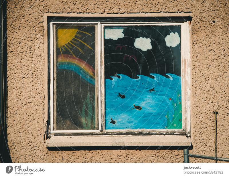 Welt der Farben auf der Glasscheibe Fenster Fenstergestaltung Kreativität Regenbogen Sonne Meerwasser Wellen Fische gemalt Phantasie Dekoration & Verzierung