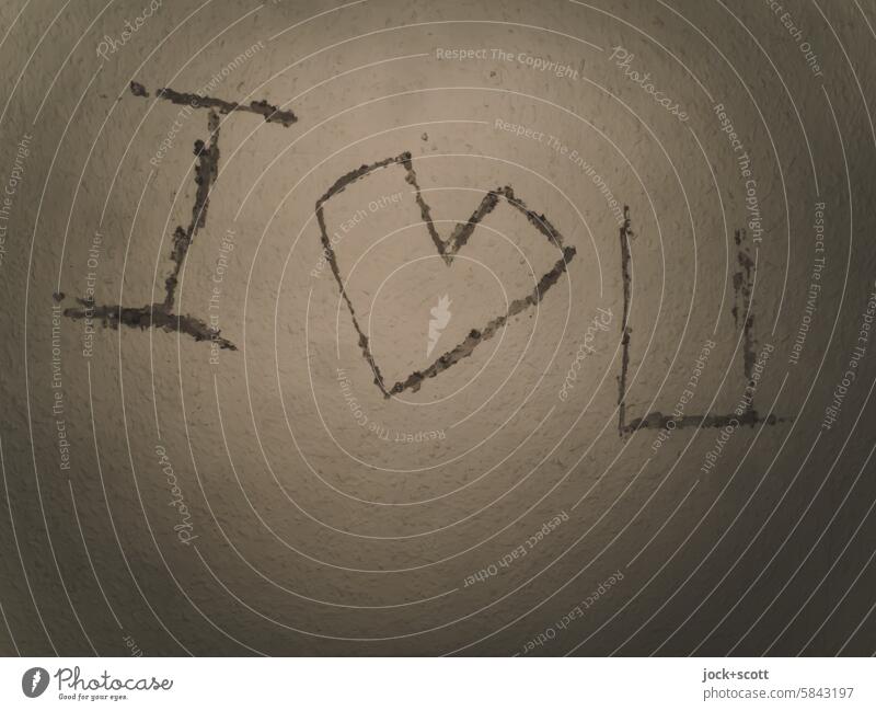 Lost Land Love IV - I 🤍 you i love you Liebeserklärung Raufasertapete Liebesbekundung Symbole & Metaphern Herz (Symbol) geritzt Wand Englisch Buchstabe