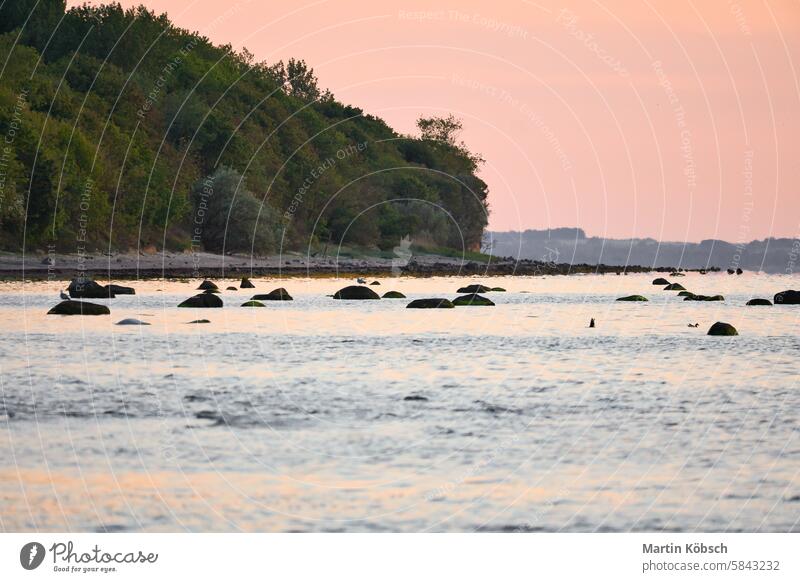 Sonnenuntergang, beleuchtetes Meer. Sandstrand im Vordergrund. Leichte Wellen. Ostsee Sonnenstrahlen Sonnenschein Reflexion & Spiegelung Küste winken reisen