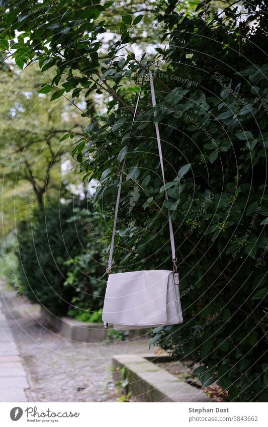 Damenhandtasche zum Mitnehmen... Berlin Deutschland weiß Leder hängt Ast Sträucher Laubwerk Gurt Bürgersteig Second hand gebraucht entsorgen Weitergabe hängend