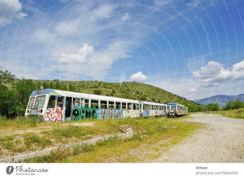 stillgelegte, zerstörte, mit Graffitis versehene Triebwagen in grüner Landschaft mit Schönwetterwolken am blauen Himmel / Endstation Motorwagen Schienenfahrzeug