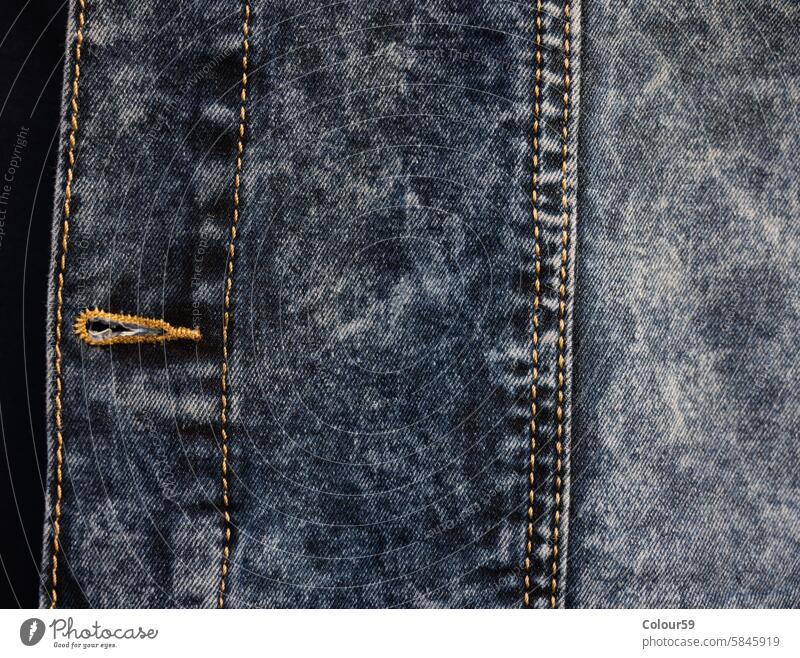 Knopfloch einer Jeansjacke modisch niemand Objekt stylisch Muster modern Jeansstoff Bekleidung lässig Textil Gewebe Stil Detailaufnahme Mode Baumwolle