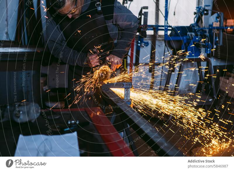 Schmied, der Metall schleift und dabei Funken erzeugt, in der Werkstatt Hufschmied Schleifen funkt Mann Kunsthandwerker kompetent Wehen Arbeit Beruf industriell