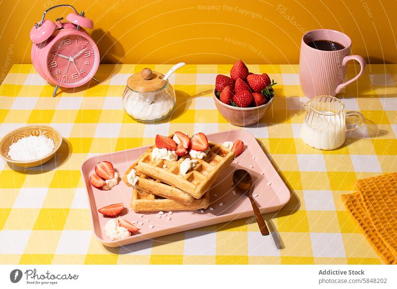 Leckeres Waffel-Frühstück mit frischen Erdbeeren Wecker künstlerisch hell lässig kariert heiter gemütlich kulinarisch Desserts Frische Milchkännchen Gebäck