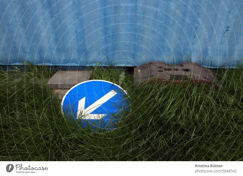 die vorgeschriebene fahrtrichtung liegt am boden verkehrsschild verkehrszeichen symbol pfeil blau weiß gras wiese grünstreifen randstreifen wegesrand abgelegt