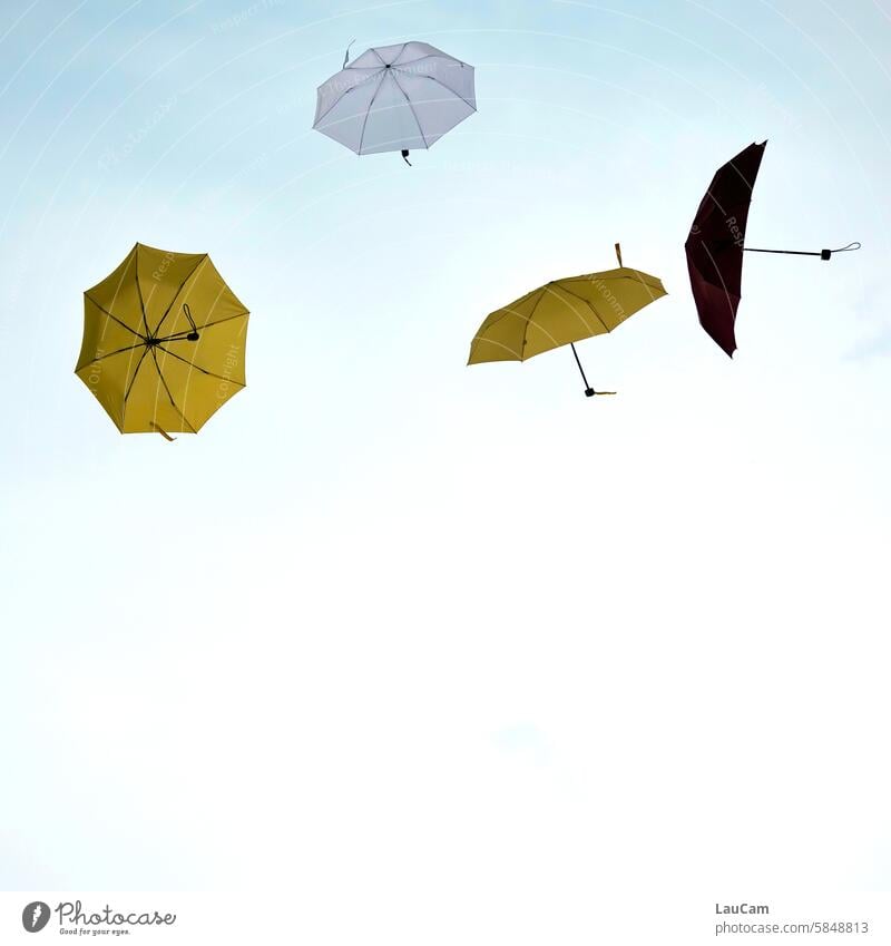 UT Leipzig - heiter bis wolkig | fliegende Schirme Regenschirme im Flug in der Luft Freiheit Himmel im Himmel luftig oben schwerelos Schwerelosigkeit