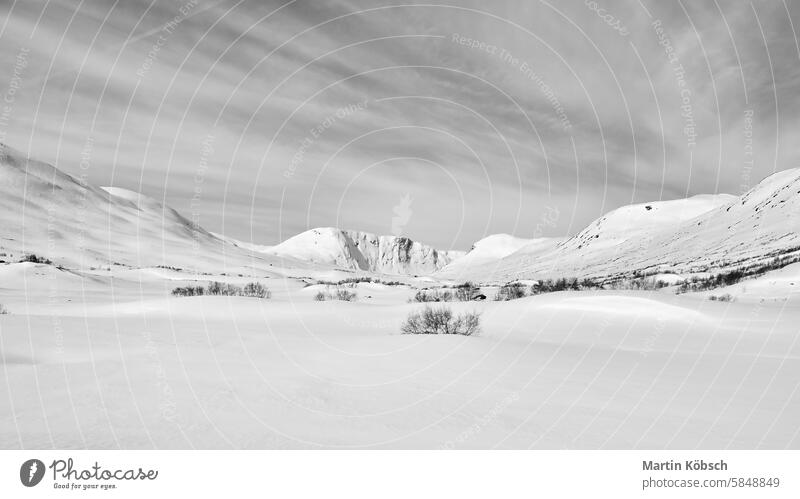 Norwegische Hochgebirge im Schnee. Mit Schnee bedeckte Berge. Skandinavien Winter Winterlandschaft Eis kalt Baum Frost Landschaft weiß Zauberei u. Magie Straße