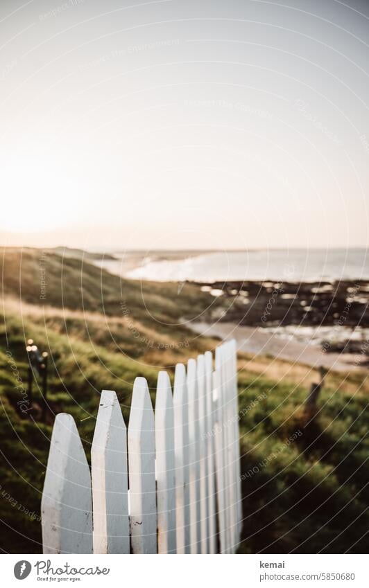 Ende des Zauns weiß Küste Meer England Sonnenuntergang Wiese friedlich Holzzaun picket fences