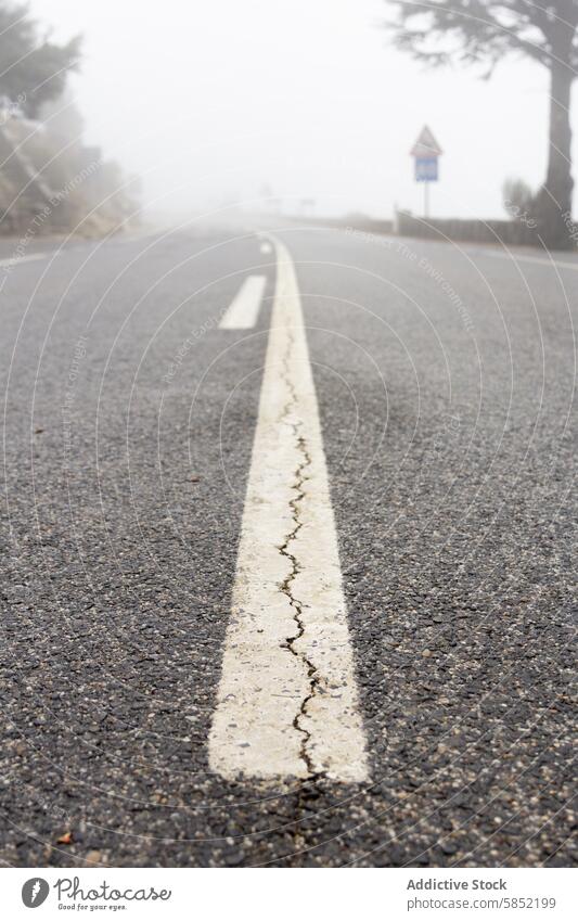 Mysteriöse neblige Straße mit verblassten Linien und Warnschild Nebel Mysterium verblüht weiße Linie Vorsicht Zeichen ruhig Leichentuch Ansicht