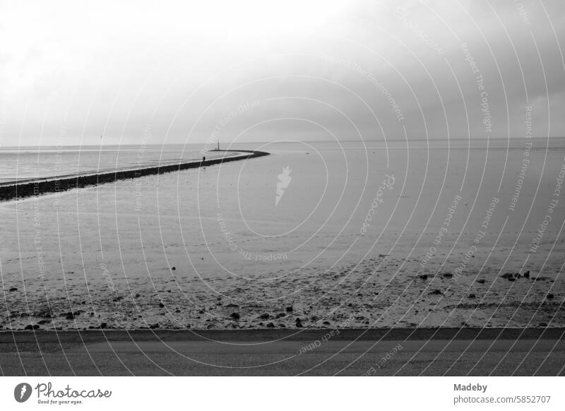 Das Weltkulturerbe Wattenmeer mit Küstenschutz an der Küste der Nordsee am Hafen von Norden bei Norddeich in Ostfriesland in Niedersachsen, fotografiert in neorealistischem Schwarzweiß