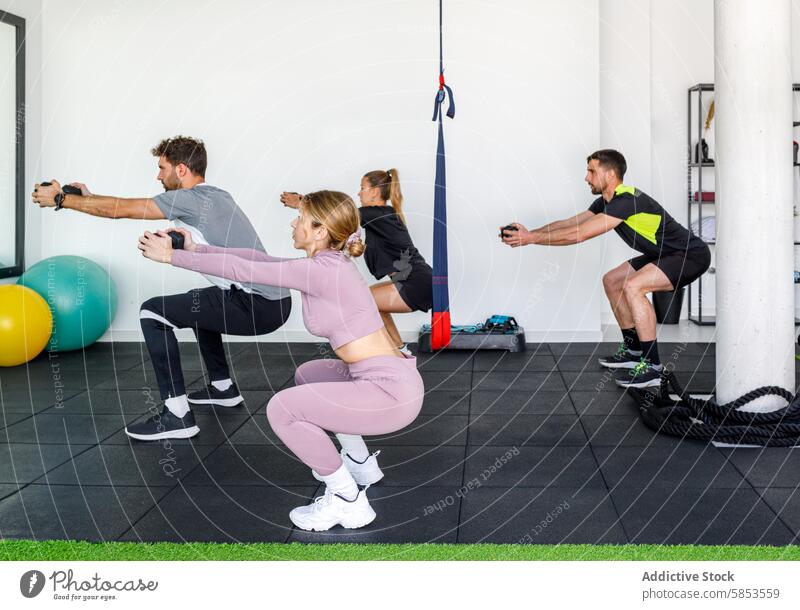 Gruppenfitnesskurs mit Kniebeugen in einer modernen Turnhalle Fitness Fitnessstudio Übung Menschengruppe Klasse Training Gesundheit Wellness Tatkraft Fokus