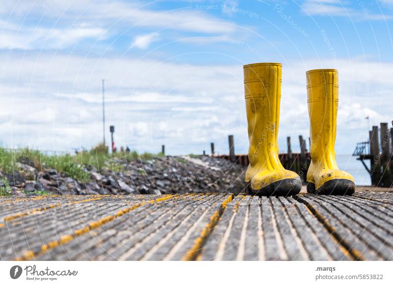 Steenodde Gummistiefel Hafen Fischer Küste Steg Arbeit & Erwerbstätigkeit Fischereiwirtschaft Himmel Schönes Wetter gelb Amrum Hafenarbeiter dock Anlegestelle