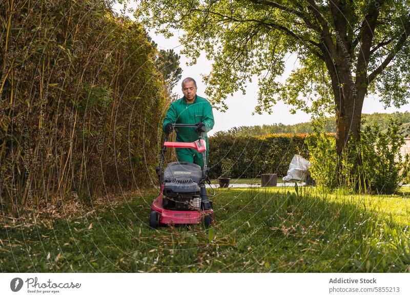 Mann beim Rasenmähen in einer malerischen Gartenlandschaft Mäher Gras grün Uniform reif im Freien Natur Bäume Hecke Arbeit Gartenarbeit Landschaftsarchitektur