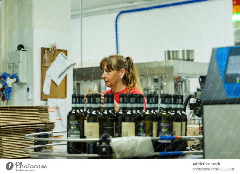 Arbeiter einer Weinkellerei bei der Kontrolle der Produktionslinie Weingut Flasche Inszenierung Linie Qualität prüfen Weinberg Maschine Mitarbeiter traditionell