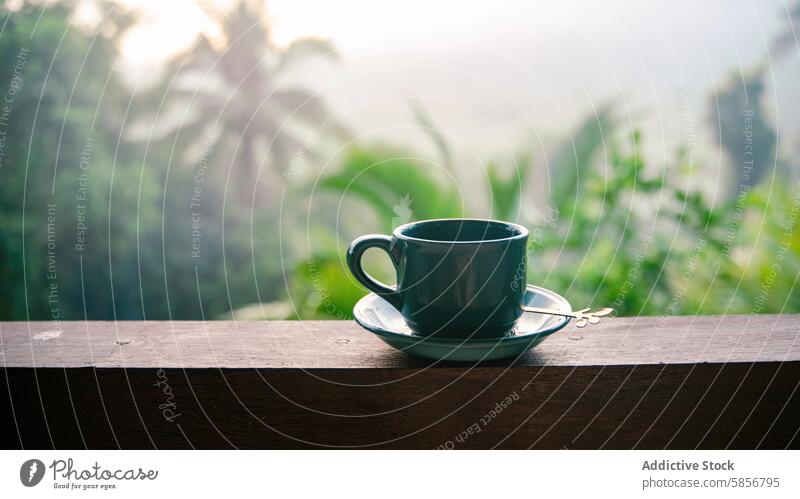 Ein ruhiger Morgen mit einer Tasse Kaffee mit Blick auf einen üppigen Garten schwarz hölzern Felsüberhang Gelassenheit grün üppig (Wuchs) weich schemenhaft