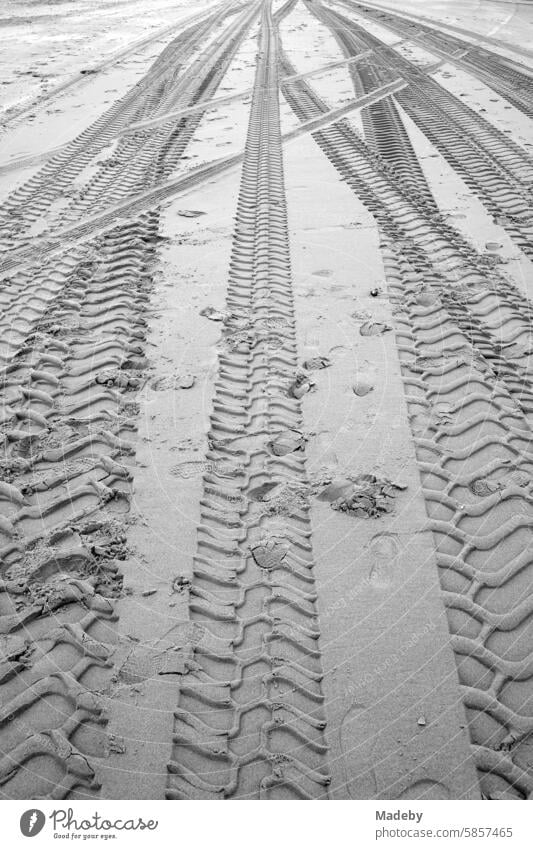 Grobe Reifenspuren im Sand am Strand in Knokke-Heist an der Nordsee bei Brügge in Westflandern in Belgien, fotografiert in klassischem Schwarzweiß Biotop